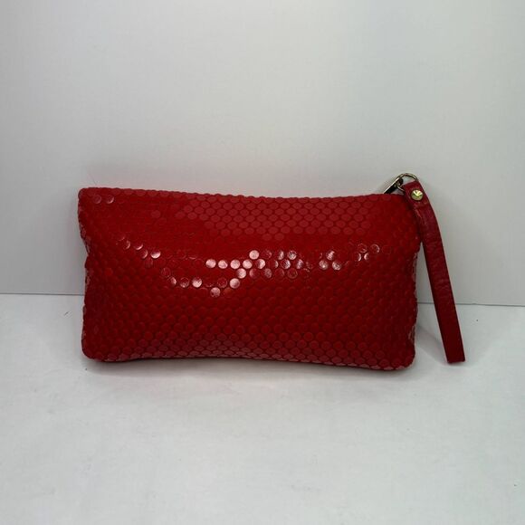 70's La Regale Red Sequin Acrylic Dotted Leather Wristlet Wallet Handbag - Picture 1 of 11